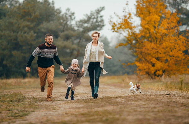 Happy parents with their daughter hold hands and run at forest path next to dog during walk in autumn forest. - Photo, Image