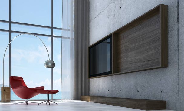 O design de interiores da moderna sala de estar e tv Lcd e parede de concreto padrão de fundo e sofá vermelho
  - Foto, Imagem
