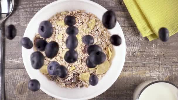 Slow motion ready breakfast with milk, honey and berries top view - Filmati, video