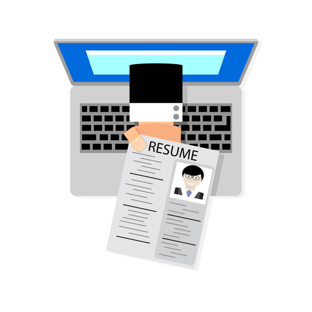 Poszukiwanie pracy online. Ręka trzyma cv CV z ekranu laptopa. Ilustracja wektorowa. Poszukiwanie pracy i znaleźć pracę, zatrudnienie i rekrutacja - Wektor, obraz