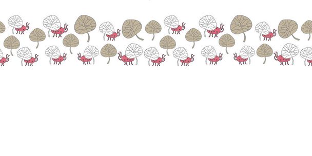 Beetles and Leaves Border swatch-Nature Spirit Seamless Repeat Pattern. Fondo de patrón delicado. Patrón de superficie Diseño en rojo, marrón y blanco. Perfecto para tela, libro de chatarra
, - Vector, Imagen