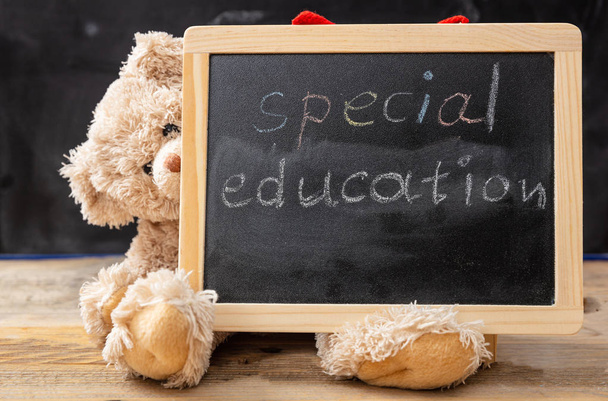 Speciaal onderwijs. Teddybeer verstopt achter een schoolbord. Speciaal onderwijs tekst puttend uit het bord - Foto, afbeelding