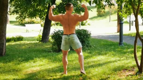 Entrenamientos musculares de hombre en el parque en un día soleado
 - Metraje, vídeo