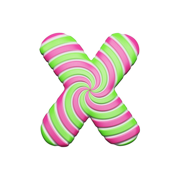 Zoete alfabet letter X. Kerstmis lettertype gemaakt van roze en groene spiraal gestreepte lollipop. 3D render geïsoleerd op witte achtergrond. - Foto, afbeelding