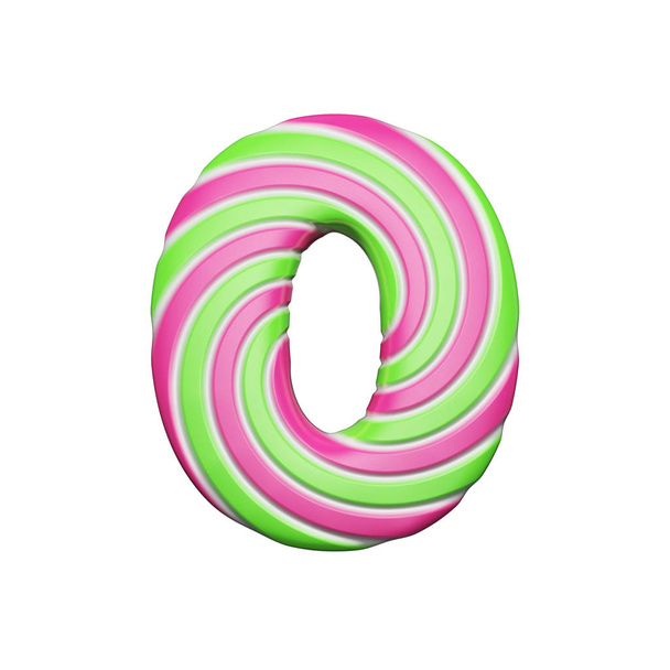 Sweet alphabet number 0. Christmas font made of pink and green spiral striped lollipop. 3D render isolated on white background. - Foto, Imagem