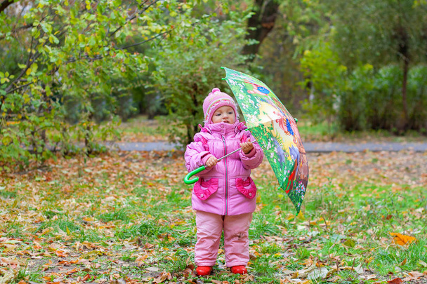 Pikkutyttö kävelee syksyllä lasten sateenvarjon kanssa sade
 - Valokuva, kuva