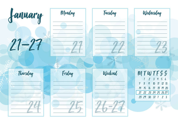 Vector illustration of January 2019 Weekly planner with abstract winter background - snow and snowflakes. For print notebooks, format A5. Cute page for notes. Daily planner 2019 calendar - Vector, Image