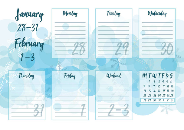Vector εικονογράφηση του Ιανουαρίου 2019 εβδομαδιαίο planner με φόντο αφηρημένη χειμώνα - χιόνι και νιφάδες χιονιού. Για εκτύπωση σημειωματάρια, μορφή A5. Χαριτωμένο σελίδα για τις σημειώσεις. Ημερήσιο ημερολόγιο planner 2019 - Διάνυσμα, εικόνα