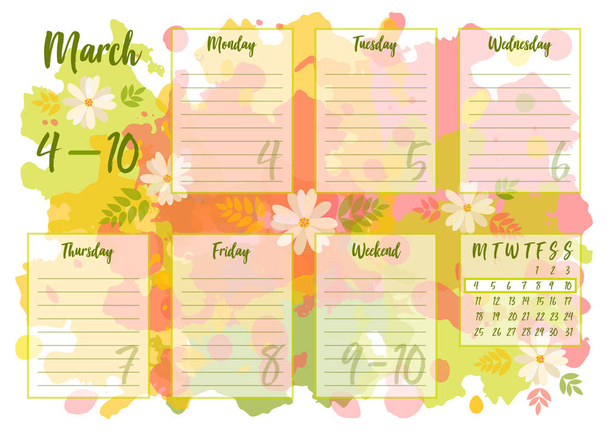 Vector illustration of March 2019 Weekly planner with abstract spring background. For print notebooks, format A5. Cute page for notes. Daily planner 2019 calendar for companies and private use. - Vector, Image
