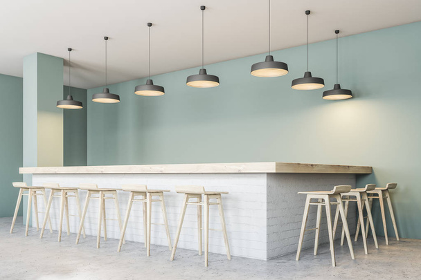 Bar stołki w nowoczesnej restauracji kącik z szare zielone ściany, beton i rząd lamp sufitowych. makiety 3D renderowania - Zdjęcie, obraz