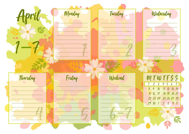 Vector εικονογράφηση του Απριλίου 2019 εβδομαδιαίο planner με φόντο αφηρημένη άνοιξη. Για εκτύπωση σημειωματάρια, μορφή A5. Χαριτωμένο σελίδα για τις σημειώσεις. Χρησιμοποιήστε το ημερολόγιο 2019 planner, για τις επιχειρήσεις και ιδιωτικές. - Διάνυσμα, εικόνα