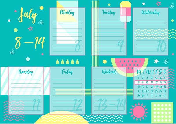 Vector illustration of July 2019 Weekly planner with abstract summer background. For print notebooks, format A5. Cute page for notes. Daily planner 2019 calendar for companies and private use. - Vector, Image