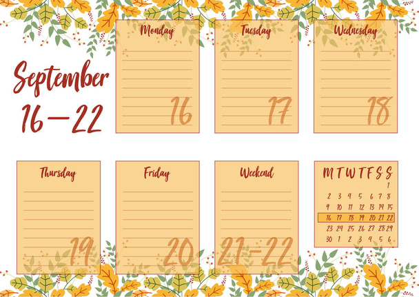 Vector illustration of September 2019 Weekly planner with abstract autumn background. For print notebooks, format A5. Cute page for notes. Daily planner 2019 calendar for companies and private use. - Vector, Image