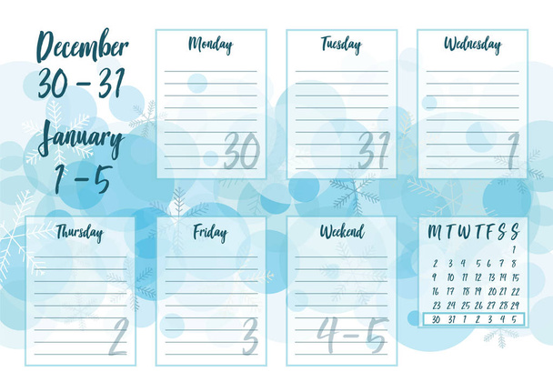 Vektorikuvaus joulukuusta 2019 Viikoittainen suunnittelija, jolla on abstrakti talvitausta. Painettuja muistikirjoja varten, muoto A5. Söpö sivu muistiinpanoille. Päivittäinen suunnittelija 2019 kalenteri yrityksille ja yksityiseen käyttöön
. - Vektori, kuva
