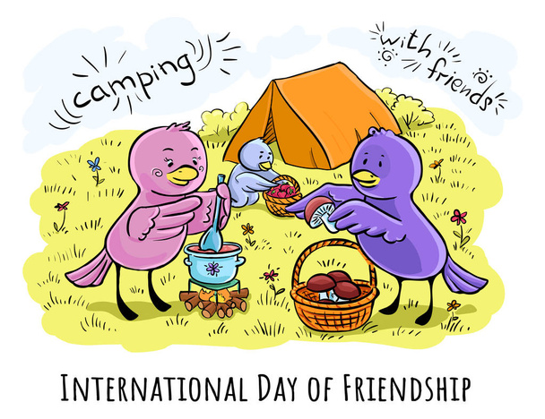 Väri Tervehdys kortti Ystävyyspäivä - kuva retkeily ystävien kanssa
 - Vektori, kuva
