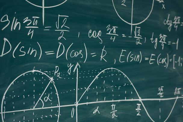 Trigonometry. School Chalkboard Function graphs Math lesson. - Foto, Imagen