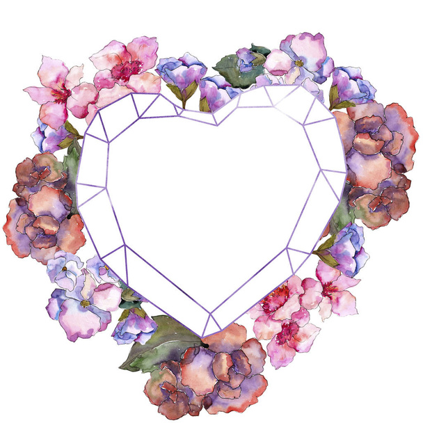 Pink and purple gardania. Floral botanical flower. Frame border ornament square. Aquarelle wildflower for background, texture, wrapper pattern, frame or border. - 写真・画像