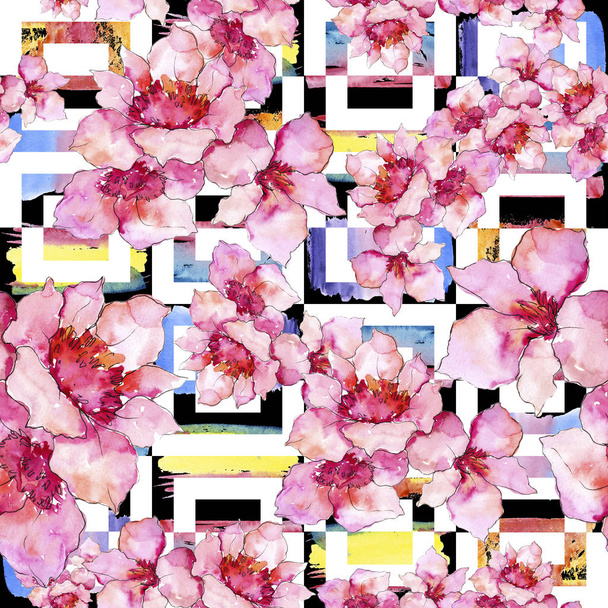 ピンクとパープルの gardania。花植物の花。シームレスな背景パターン。壁紙印刷手触りの生地。背景、テクスチャ、ラッパー パターン、フレームや境界線の aquarelle ワイルドフラワー. - 写真・画像