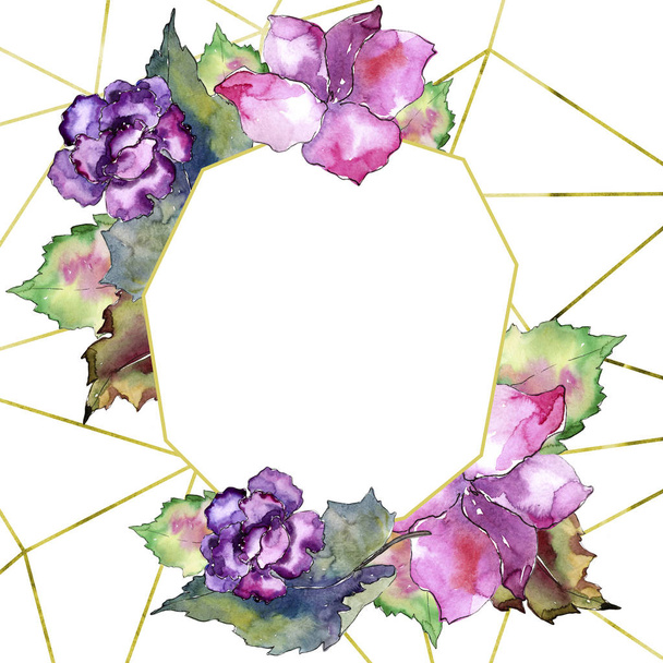rosa und lila Gardania. Blütenbotanische Blume. Rahmen Bordüre Ornament Quadrat. Aquarell-Wildblume für Hintergrund, Textur, Wickelmuster, Rahmen oder Rand. - Foto, Bild