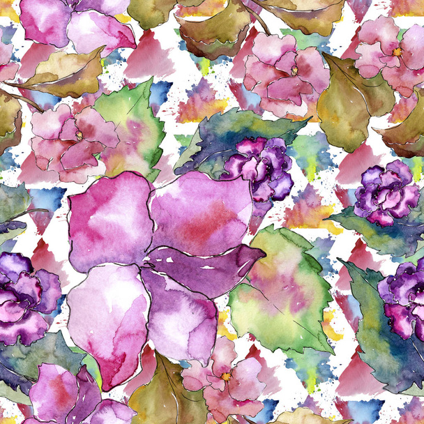Pink and purple gardania. Floral botanical flower. Seamless background pattern. Fabric wallpaper print texture. Aquarelle wildflower for background, texture, wrapper pattern, frame or border. - Photo, Image