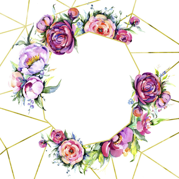 Watercolor bouquet pink peony flowes. Floral botanical flower. Frame border ornament square. Aquarelle wildflower for background, texture, wrapper pattern, frame or border. - Foto, Bild