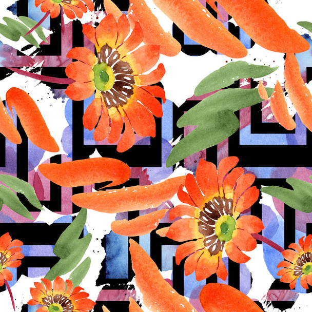 Watercolor orange gazania flowers. Floral botanical flower. Seamless background pattern. Fabric wallpaper print texture. Aquarelle wildflower for background, texture, wrapper pattern, frame or border. - Foto, Imagem