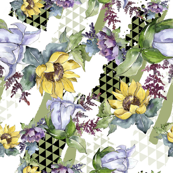 Watercolor bouquet flowers. Floral botanical flower. Seamless background pattern. Full name of the plant: sunflower,peony,flax. Aquarelle wildflower for background, texture, frame or border. - Foto, Bild