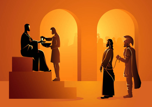 Bijbelse vector illustratie serie. Weg van het Kruis of de staties van de kruisweg, veroordeelt Pilatus Jezus sterven. - Vector, afbeelding