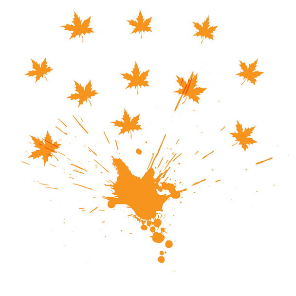 Orangefarbener Spritzer und Ahornblätter auf weißem Hintergrund. Farben der herbstlichen Natur für Ihr Design. Vektorillustration - Vektor, Bild