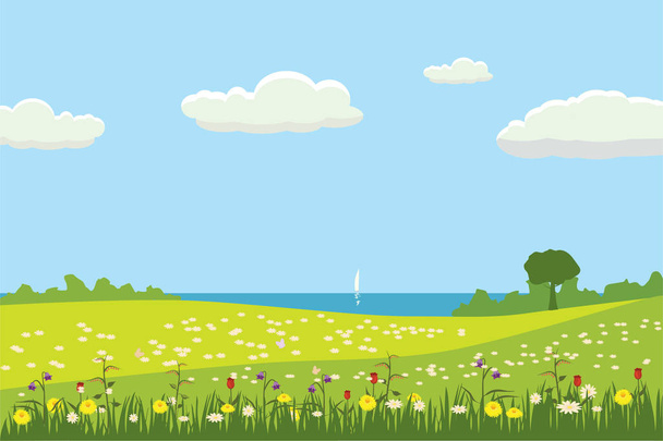 Un paisaje rural lindo, una hermosa vista, campos de prados, flores florecientes. Estilo de dibujos animados, vector, aislado
 - Vector, imagen