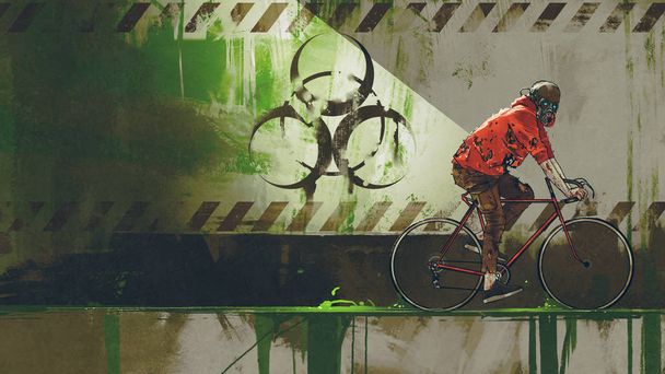 zombie con máscara de gas montar en bicicleta en la zona de riesgo biológico, estilo de arte digital, pintura de la ilustración
 - Foto, imagen