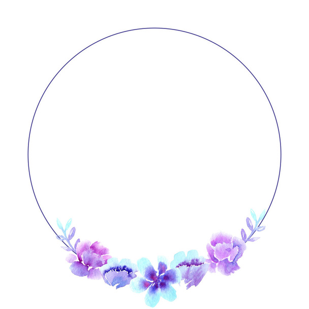 Dibujos de acuarela, corona floral, flores violeta-azules
 - Foto, Imagen