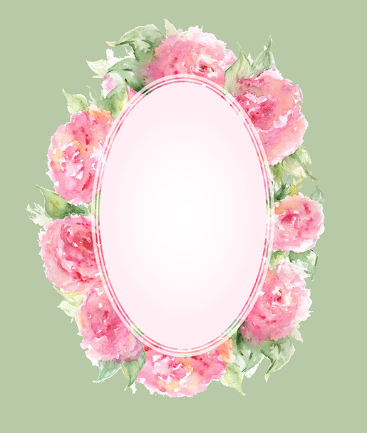 Aquarel roze tea rose peony bloem floral samenstelling frame rand sjabloon achtergrond - Foto, afbeelding