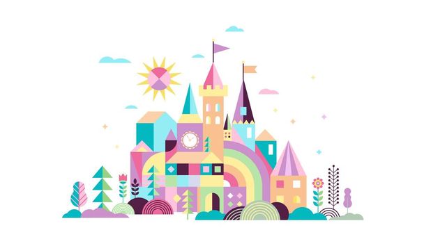 Geometrik masal Krallık, knight ve prenses kale, çocuk odası, duvar dekorasyonu sınıf. Renkli vektör çizim - Vektör, Görsel
