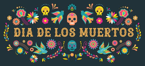 Day of the dead, Dia de los moertos, banner with colorful Mexican flowers. Fiesta, holiday poster, party flyer, greeting card - Vector, Image