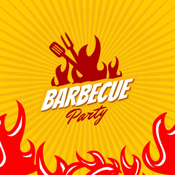 バーベキュー パーティーのロゴは、赤栗色とフォーク、へら、ソーセージ、肉、牛肉、火災、黄色の背景にステーキのイラストとテンプレート。広告デザインの招待状、パーティー デザイン ポスター デザインを使用できます。 - ベクター画像