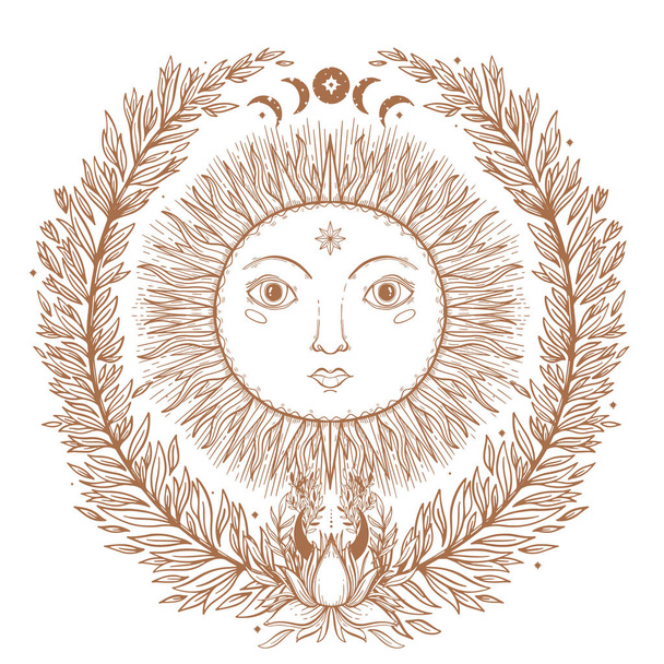 Sketch graphic illustration Beautiful Sun face with mystic and occult hand drawn symbols. Vector illustration. Vintage Hands with Old Fashion Tattoos.Freemasonry and secret societies emblems - Vector, Image