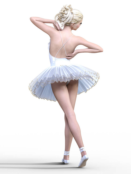 Dancing ballerina 3D. White ballet tutu. Blonde girl with blue eyes. Ballet dancer. Studio photography. High key. Conceptual fashion art. Render realistic illustration. White background. - Фото, зображення