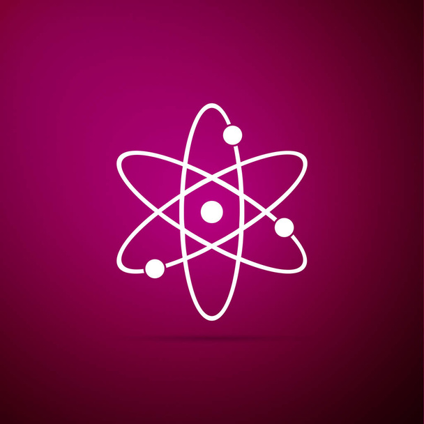 Atom icon isolated on purple background. Symbol of science, education, nuclear physics, scientific research. Electrons and protonssign. Flat design. Vector Illustration - Vector, Image