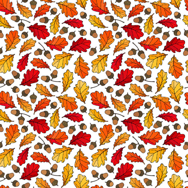 Patrón sin costuras de Oak Leaves y Acorns. Rojo, naranja y amarillo. Recogida de otoño o otoño. Ilustración realista de vectores de alta calidad dibujado a mano. Estilo incómodo - Vector, Imagen