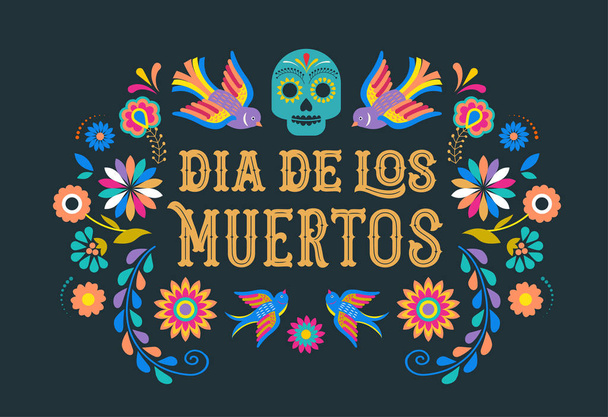 День на мертвий, Dia de los moertos, банер з мексиканським барвисті квіти. Fiesta, святковий плакат, партії Листівка вітальна листівка - Вектор, зображення