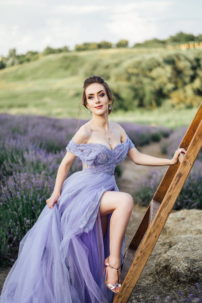 attractive young woman in purple dress posing on wooden ladder on lavender field - Photo, Image