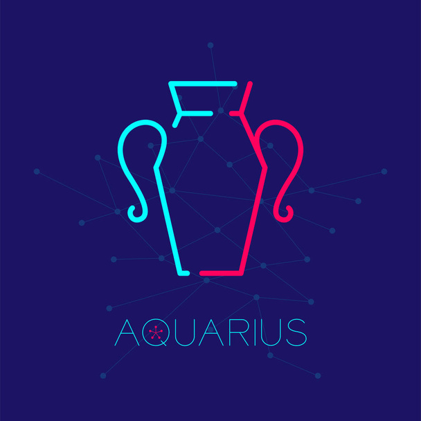 Aquarius Tierkreis Konstellation Logo Symbol Umriss Strich Set Strich Linie Design Illustration isoliert auf dunkelblauem Hintergrund mit Aquarius Text und Kopierraum - Vektor, Bild