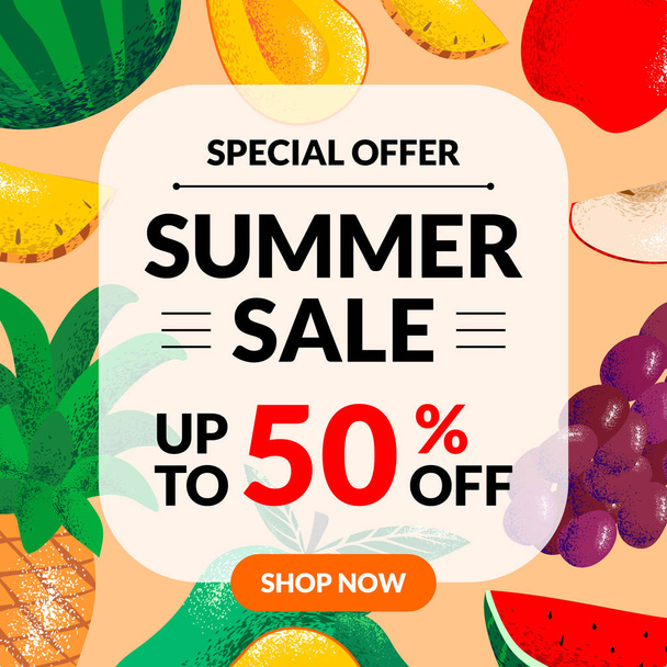 Summer Sale banner with pieces of mango, pineapple, red apple, grape, and watermelon fruits. exotic fruits design for banner, flayer, invitation, poster, web site or greeting card. - Vektor, Bild