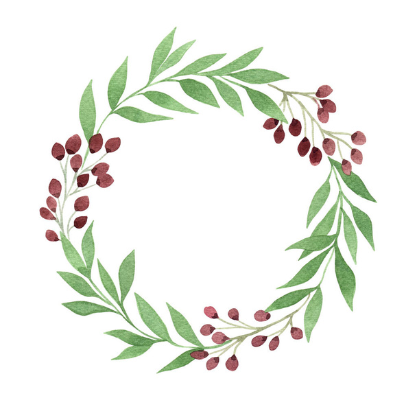 watercolor wreath with green twigs and dogrose berries, elegant gyrland illustration, plant frame for text, invitation of logo - 写真・画像