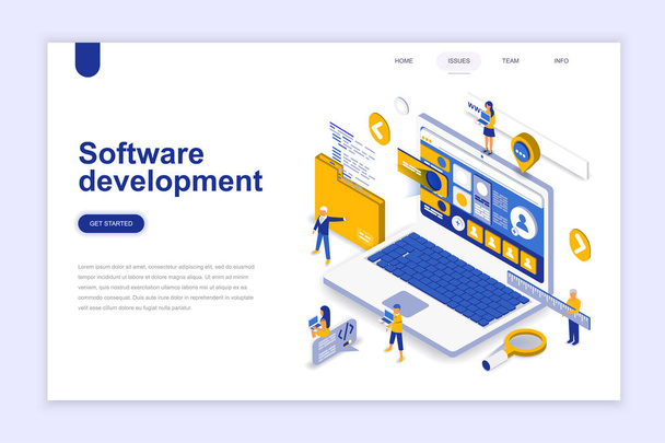 Software development modern flat design isometric concept. Developer and people concept. Landing page template. Conceptual isometric vector illustration for web and graphic design. - Vector, Image