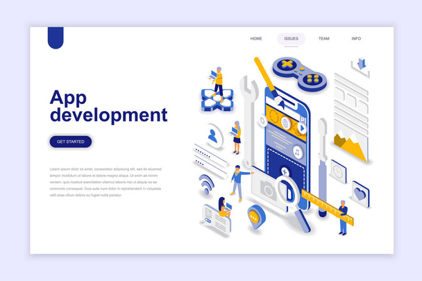 App development modern flat design isometric concept. Smartphone and people concept. Landing page template. Conceptual isometric vector illustration for web and graphic design. - Vector, Image
