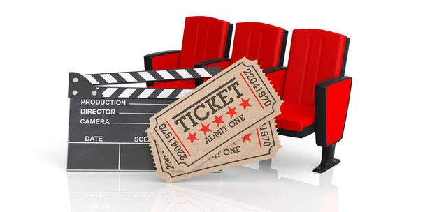 Kinokonzept. Kinokarten alten Typs beige, Kinosessel und rote Kinosessel auf weißem Hintergrund, 3D-Illustration. - Foto, Bild