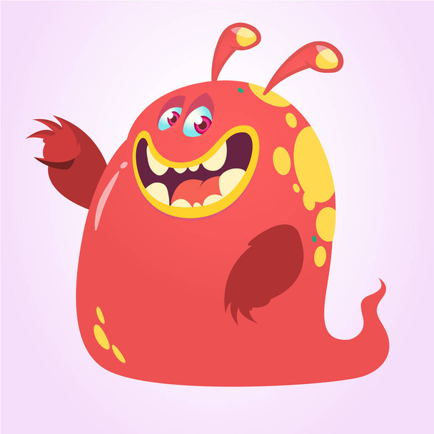 Funny and happy cartoon monster or ghost  pointing hand. Vector  Halloween illustration of red monster blob - Vector, Image