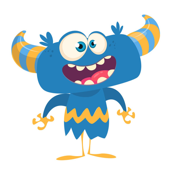 Funny cartoon monster smiling. Vector blue horned monster illustration. Yeti or bigfoot - Vector, Image
